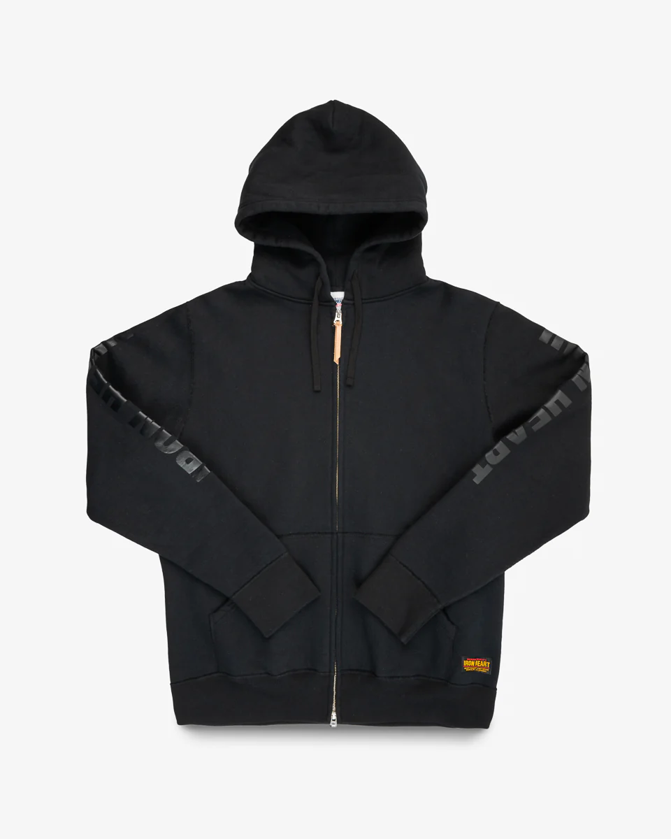Printed 14oz Ultra Heavyweight Loopwheel Cotton Zippered Hoodie - Black