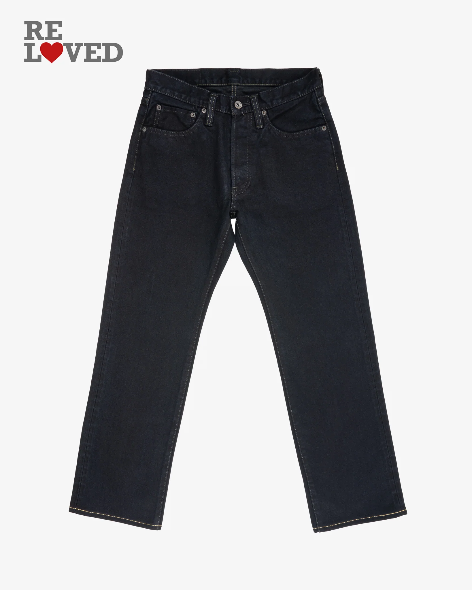 14oz Broken Twill Selvedge Denim Straight Cut Jeans - Indigo Overdyed Black (IH-634SBR-14od) Tag 30, Hemmed to 29.0''