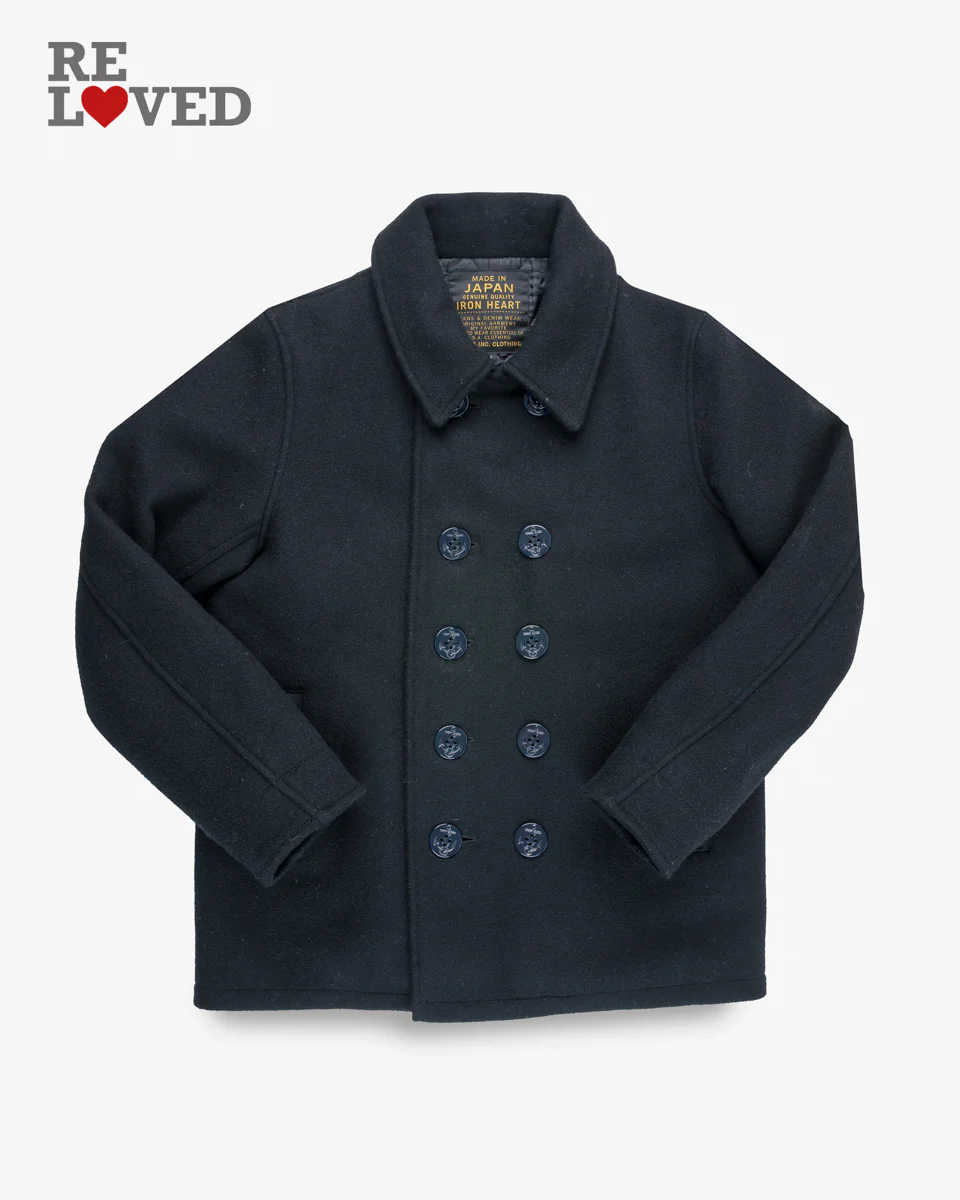 Water Repellent Melton Wool Pea Coat - Black (IHW-14) Size Small