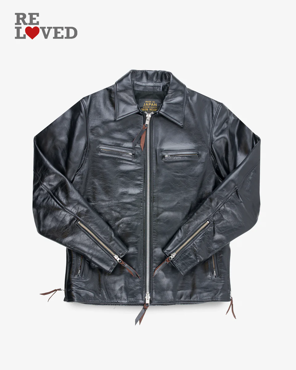 Japanese Horsehide Rider’s Jacket with Collar - Black (Tea-Core Dyed) (IHJ-54-BLK) Size XXL