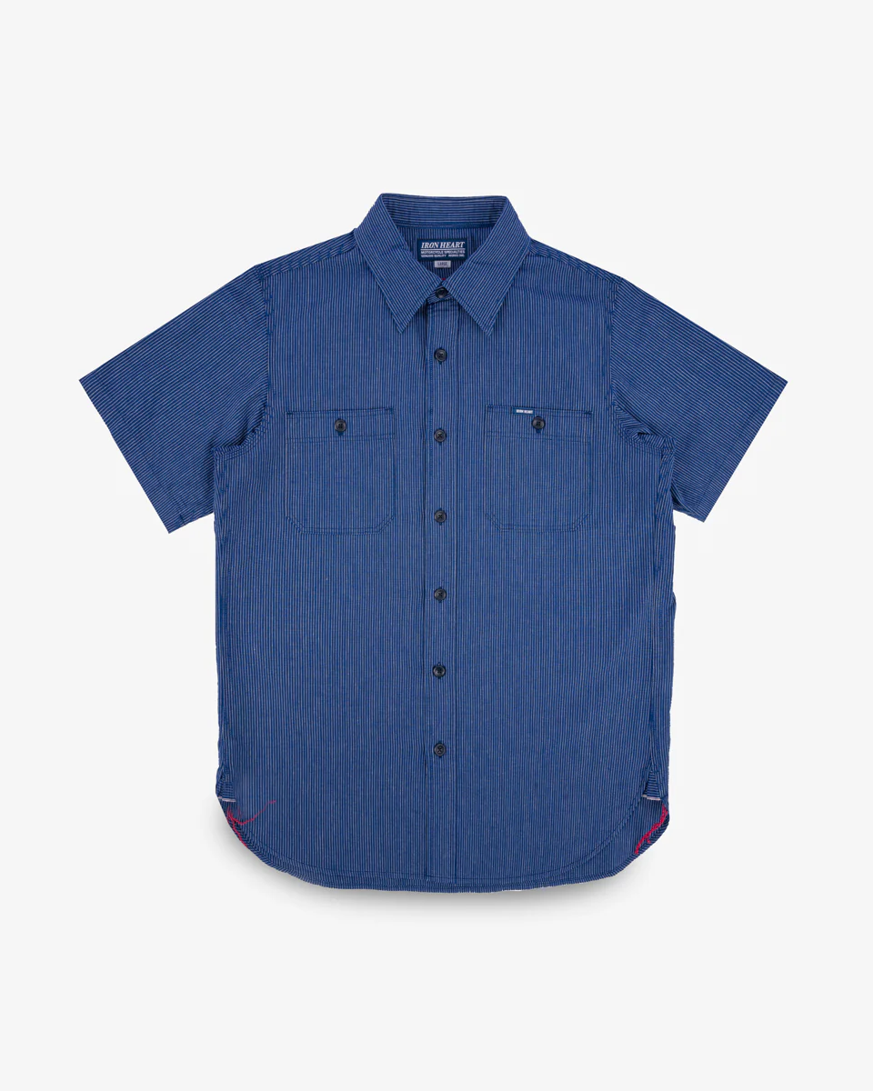 5oz Selvedge Ox Cloth Short Sleeved Work Shirt - Pinstripe